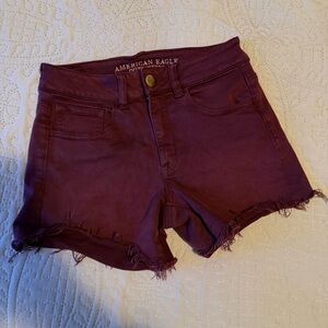 American Eagle | Hi Rise Shortie Denim Cutoff Shorts Dark Red Super Stretch 2